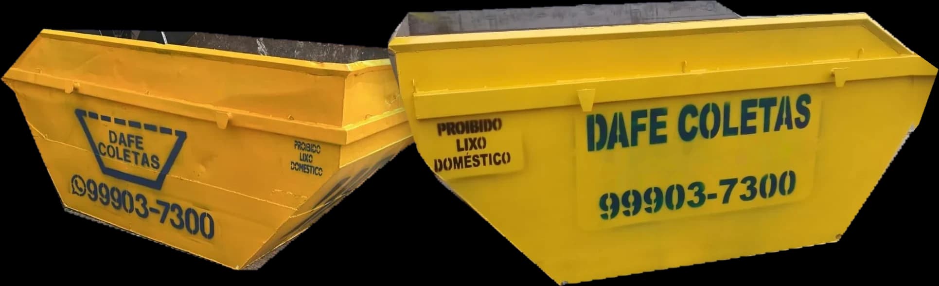 Duas caçambas amarelas da DAFE Coletas com o telefone 99903-7300 pintado na lateral